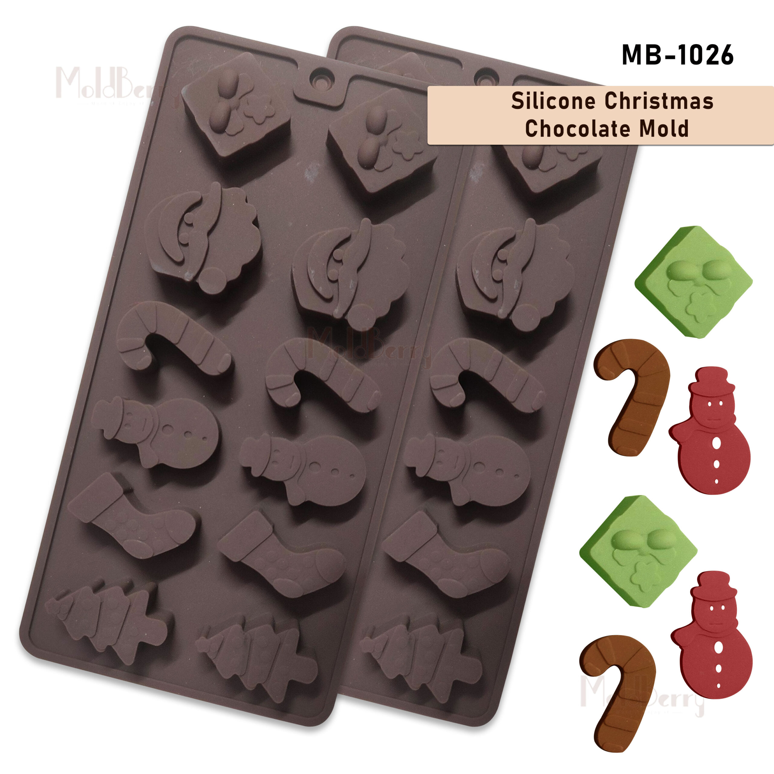 Moldberry 12 Cavity Christmas Silicone Mould, Xmas Candy Jelly Cake Baking Molds for Christmas Party