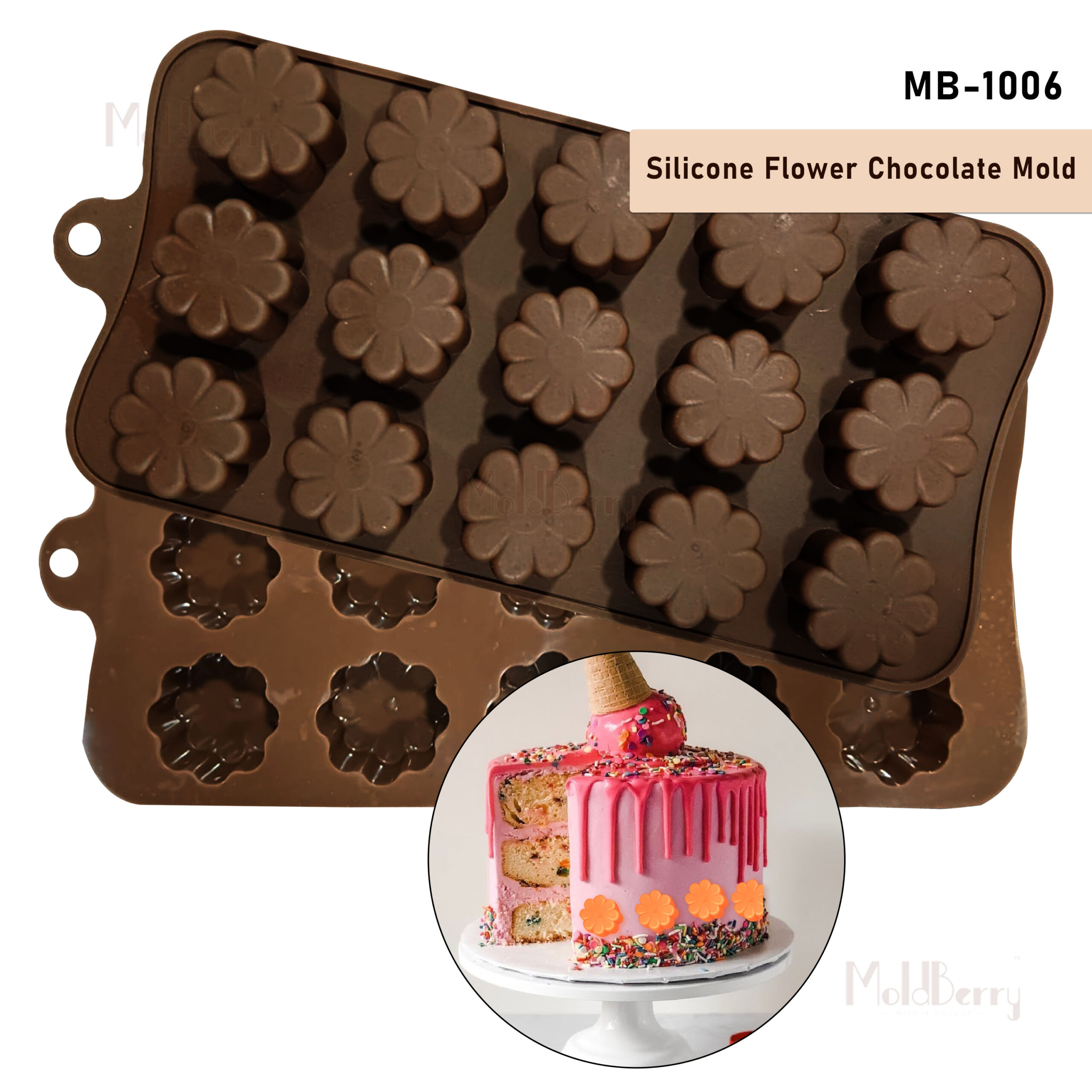 Moldberry Silicone 15 Cavity Flower Chocolate Mould | Candy Chocolate Mould for Ice Cube, Jelly, Gummy