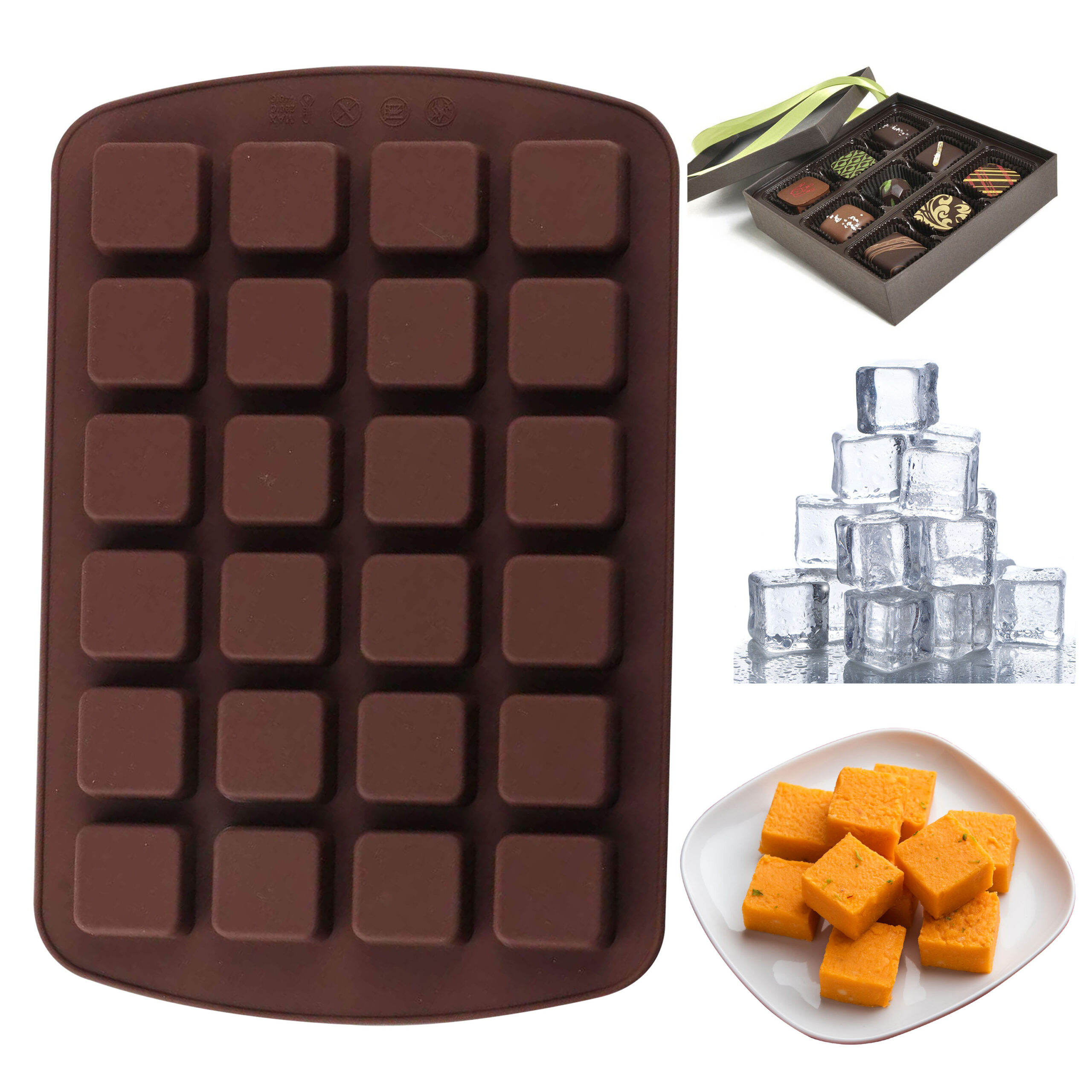 Moldberry Silicone 24 Cavity Square Silicone Mold, Brownie Mould, Mini Cubes Silicone Mold for Chocolate