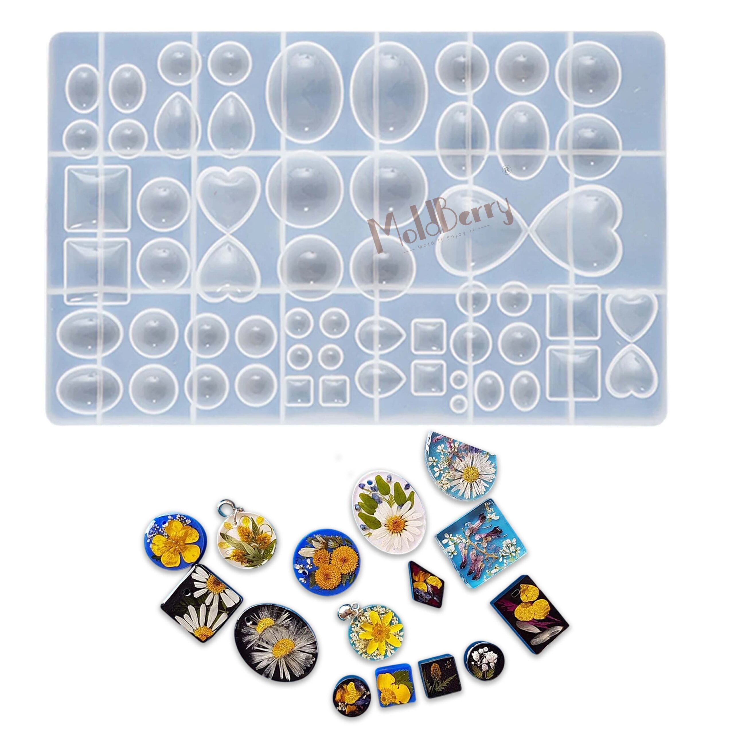Moldberry Multi Pendant Resin Art Mold – 58 Cavity Jewellery Mold, 29 Design, Multiple Shape Earring & Pendant Mould Pack 1