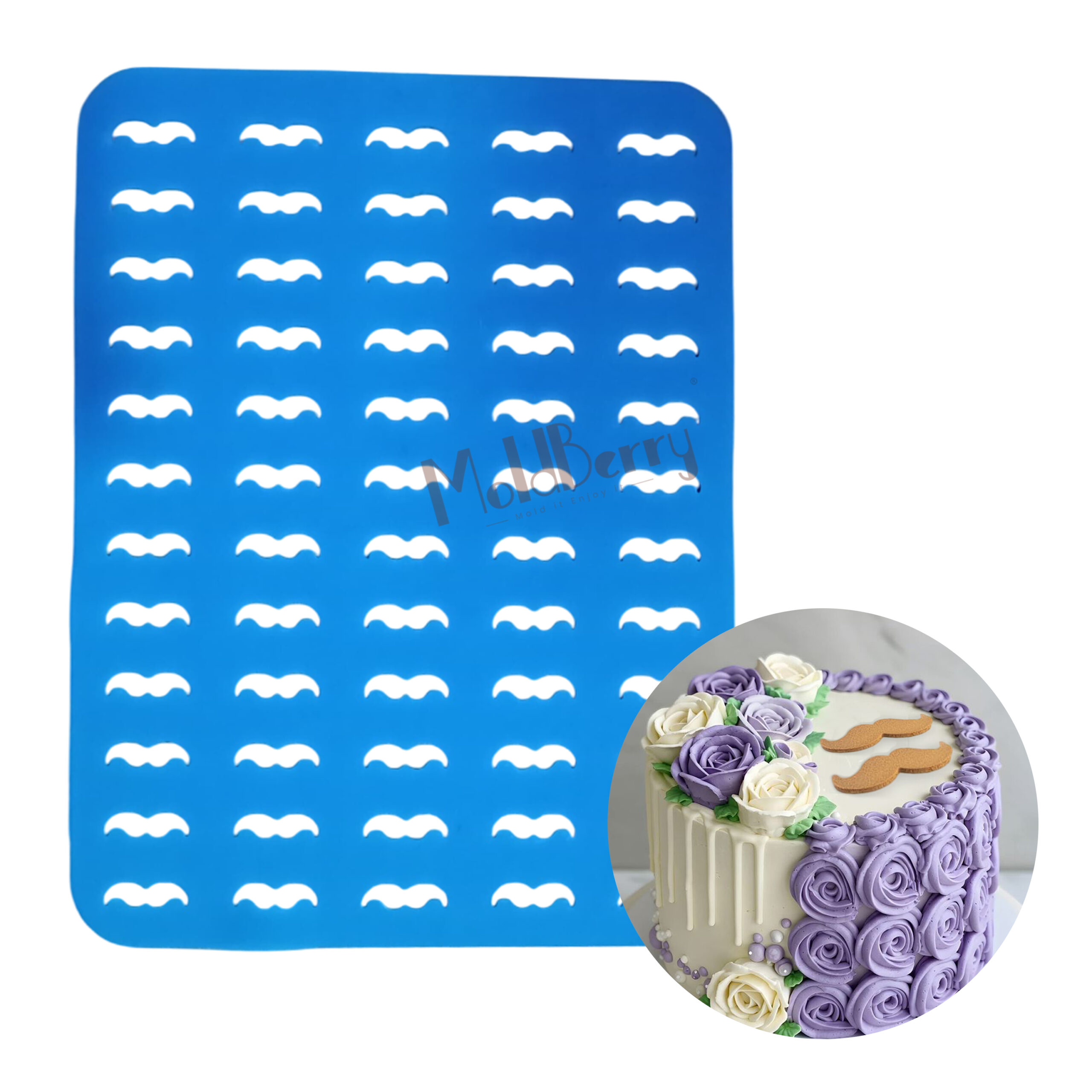 MoldBerry Mustache Shape Chocolate Chablon Silicone Mold Mat | Large Non-Stick Fondant Stencil for Garnishing, Edible Decorations, Cake Toppers, Candy, Cookies | 39.8×29.9cm, 60 Cavities