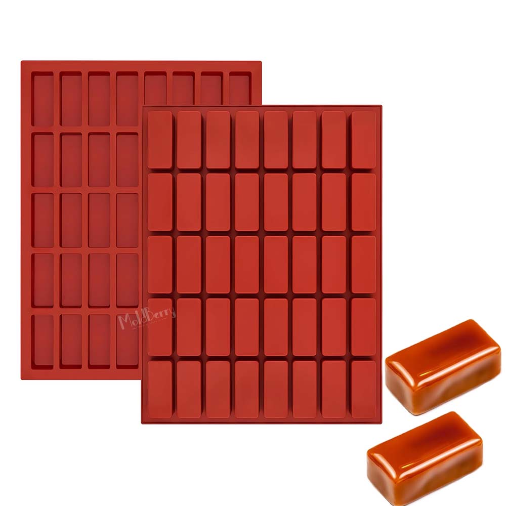 Moldberry Silicone Rectangle Caramel Candy Molds, 40-Cavity Chocolate Bar Mold, Ice Cube Tray Molds for Chocolate Truffles, Protein bars, Ganache, Butter, Jelly, Pudding Pack 1