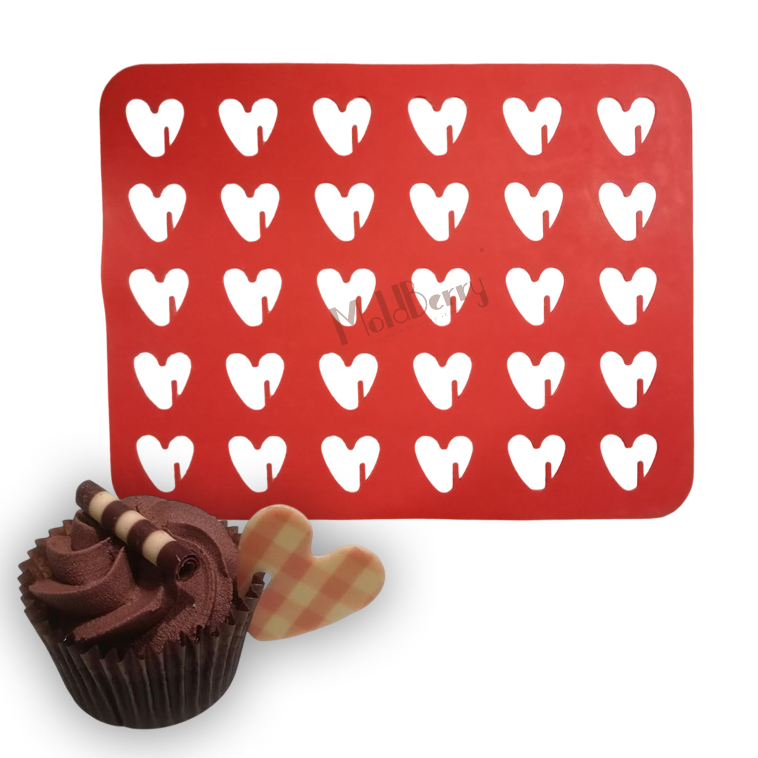 MoldBerry Heart Shape Chocolate Chablon Silicone Mold Mat | Large Non-Stick Fondant Stencil for Garnishing, Edible Decorations, Cake Toppers, Candy, Cookies | 39.6×29.9cm, 30 Cavities