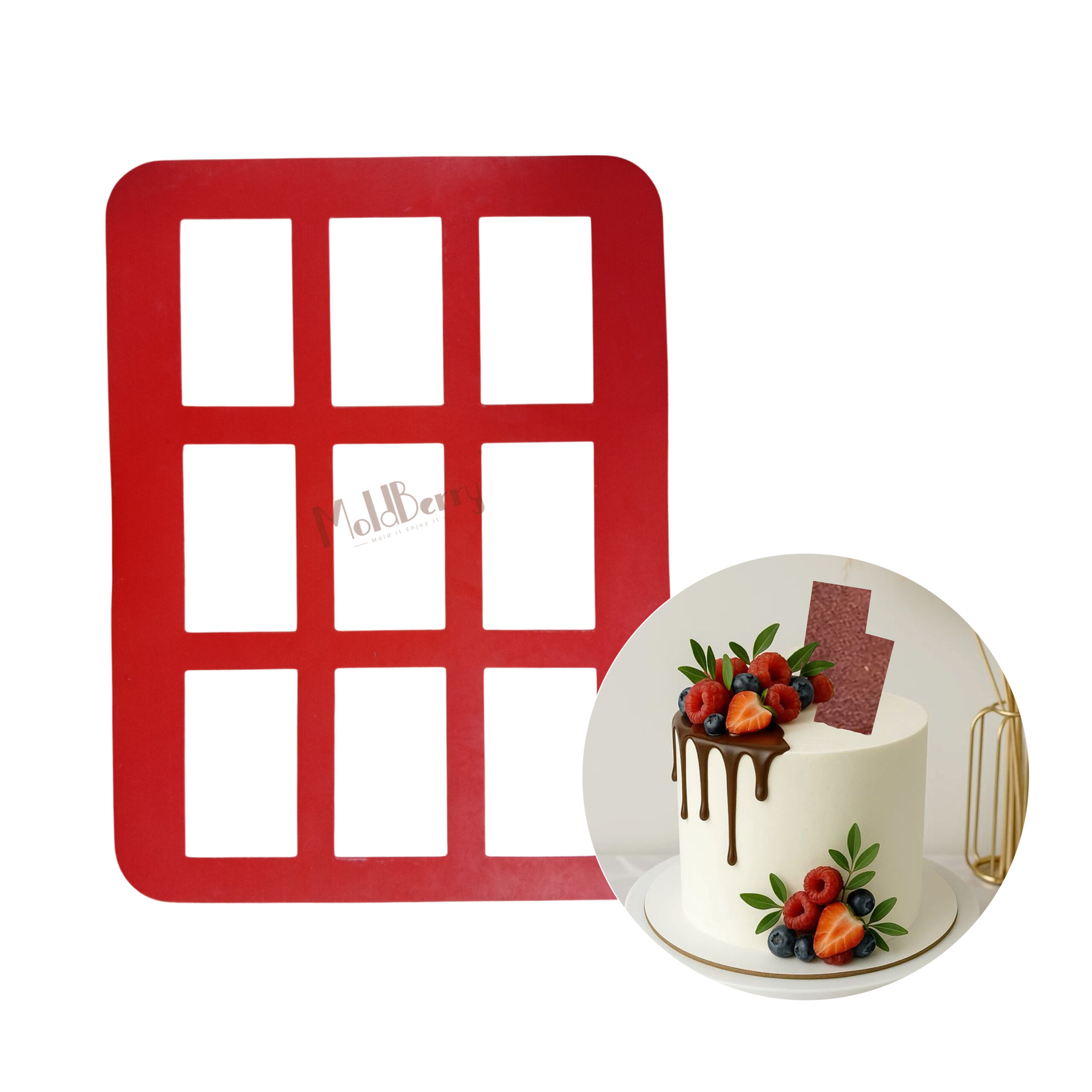 MoldBerry Rectangle Silicone Chocolate Stencil Mold | Chablon Sheet for Garnishing, Dessert Plating & Chocolate Bar Making | 9 Cavity Reusable Food-Grade Mat (10×6 cm Cavities)