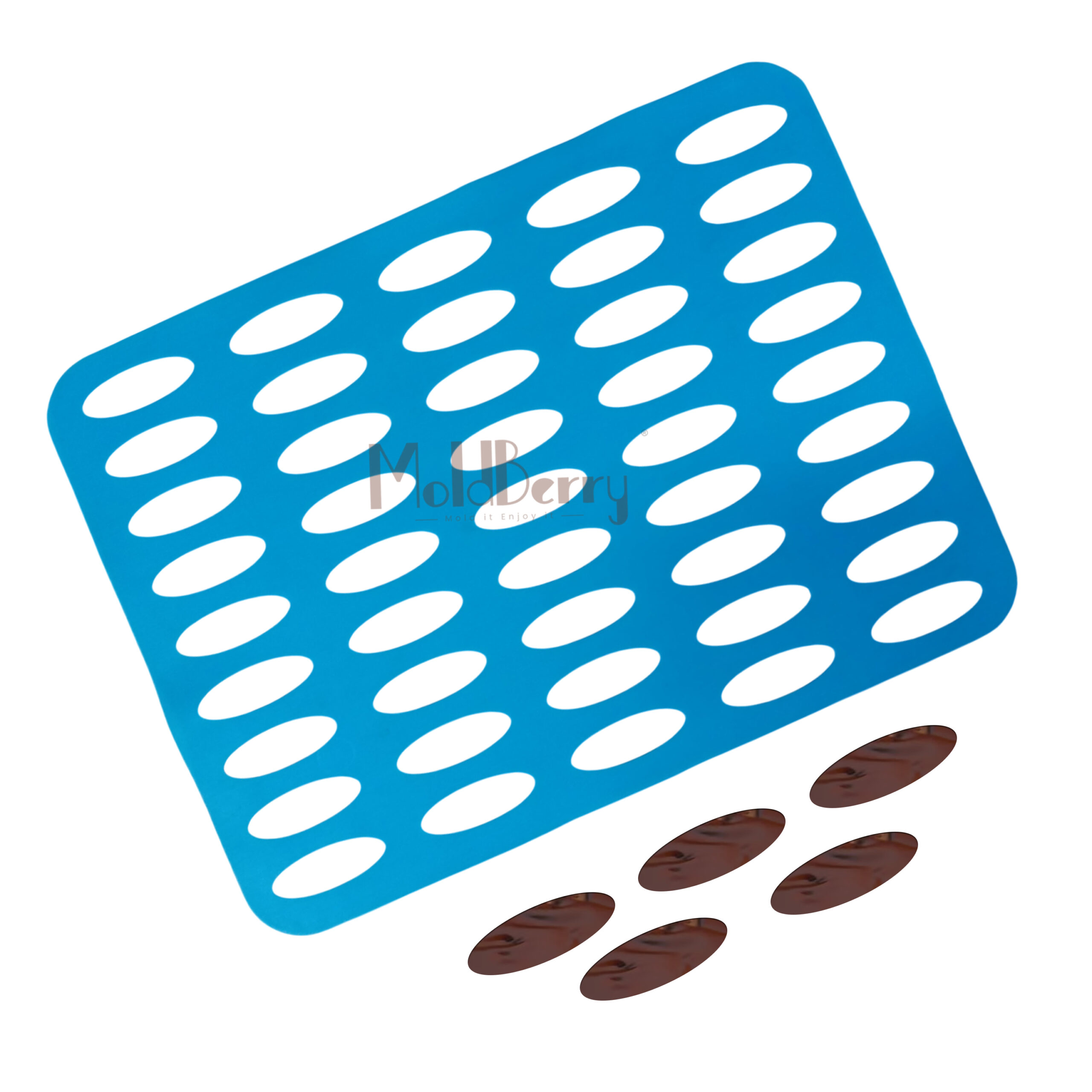 MoldBerry Silicone Chablon Mold – 45 Cavity Oval Shape Chocolate Stencil Mat for Garnishing, Dessert Decoration, Professional Baking Tray Sheet – 39.8 x 30 cm (Mlticolour)