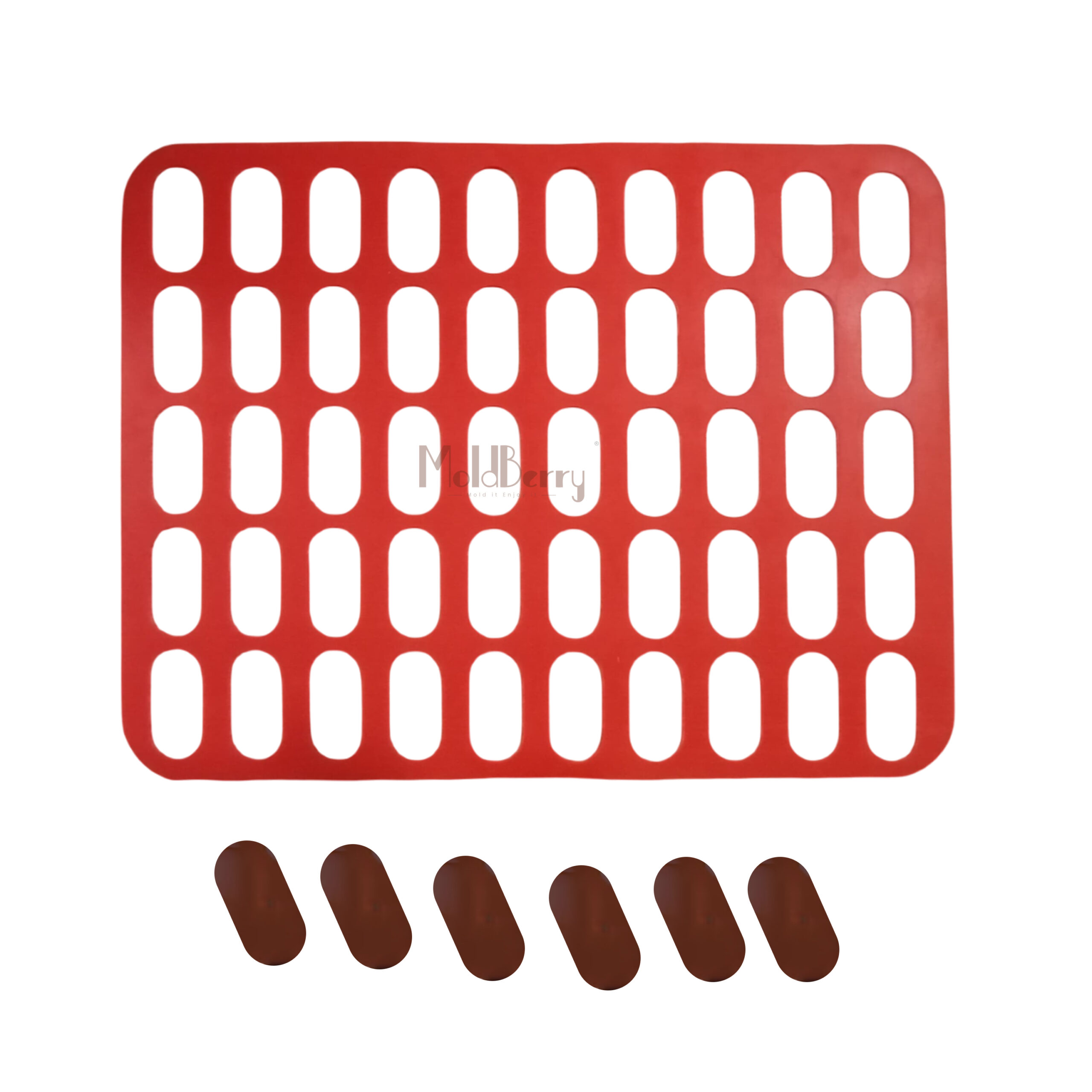 MoldBerry Silicone Rectangle Chablon Mold – 50 Cavity Oval Shape Chocolate Stencil Mat for Garnishing, Dessert Decoration, Professional Baking Tray Sheet – 39.7 x 29.9 cm (Mlticolour)