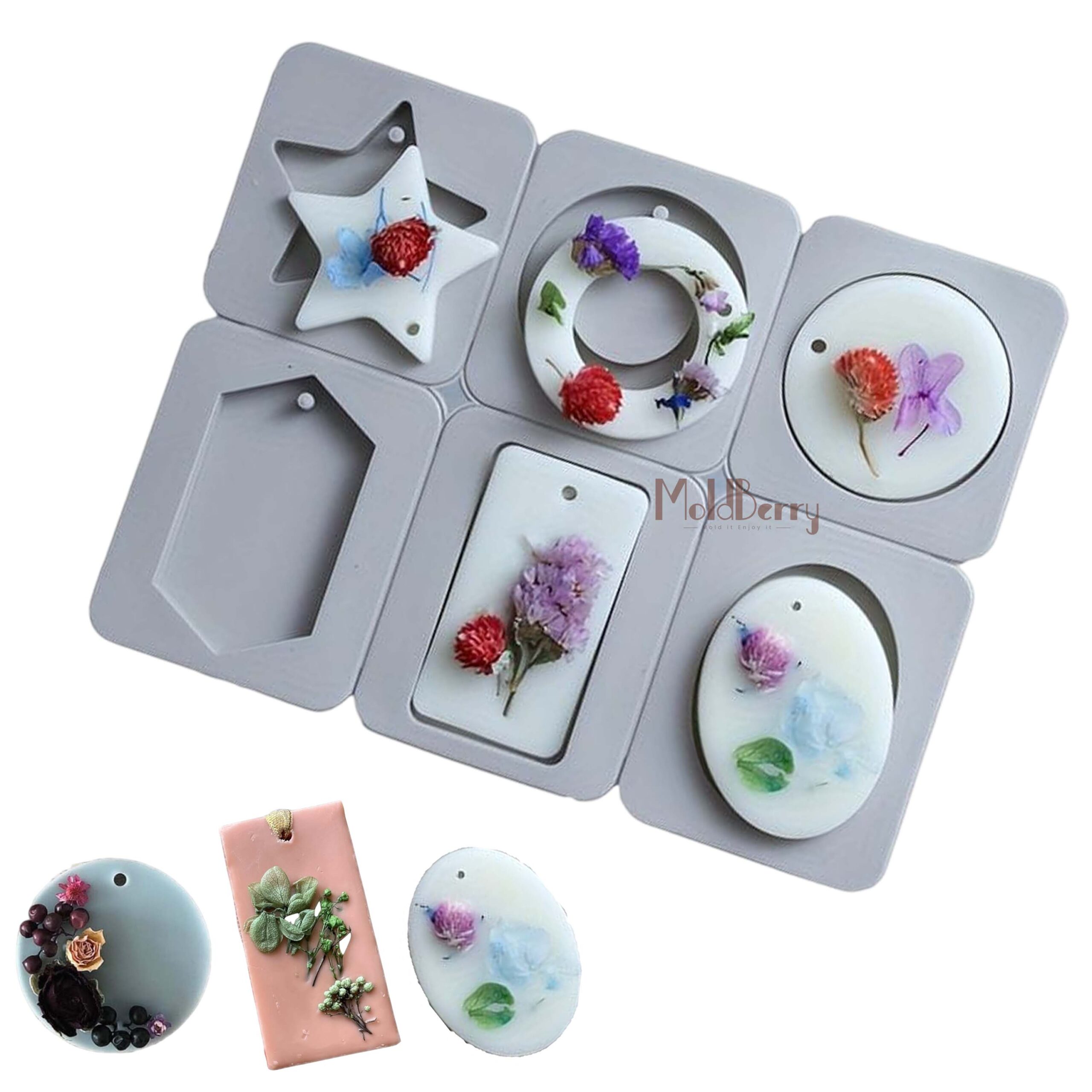 Moldberry 6 Cavity Different Shape Hanging Soap Mold,  Diffuser Stone Hanging Sign Silicone Mold for Wedding Gift, DIY Handmade Soap Mold, Aromatherapy Mold, Car Diffuser Stone Mold Pack 1