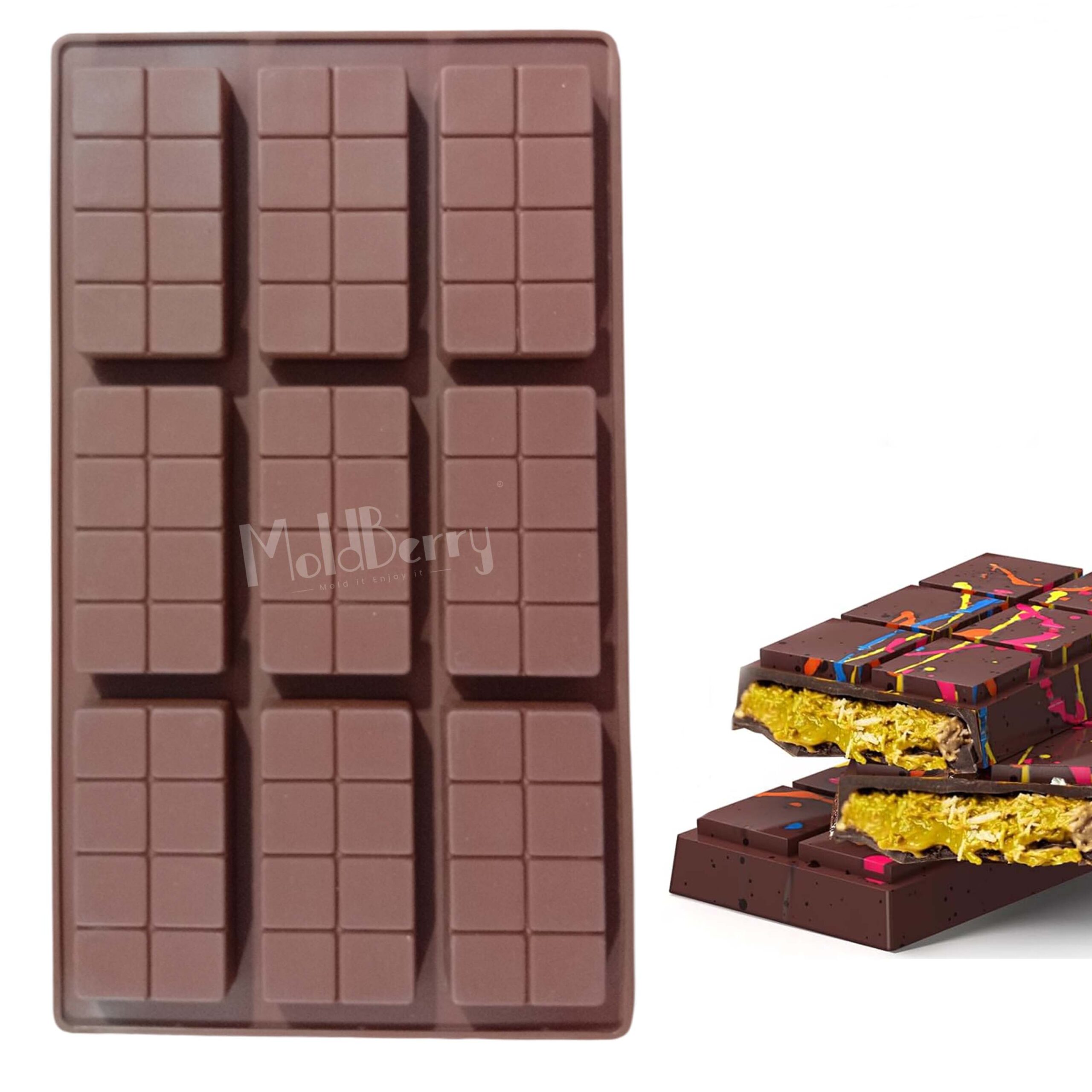 Moldberry  Silicone 9 cavity Cadbury Design Kunafa Chocolate Bar Mould, Rectangle Shape Deep Dubai Pistachio Chocolate Bar Thick Candy Mold for Filling Stuffed Knafeh Chocolate Mold Pack 1