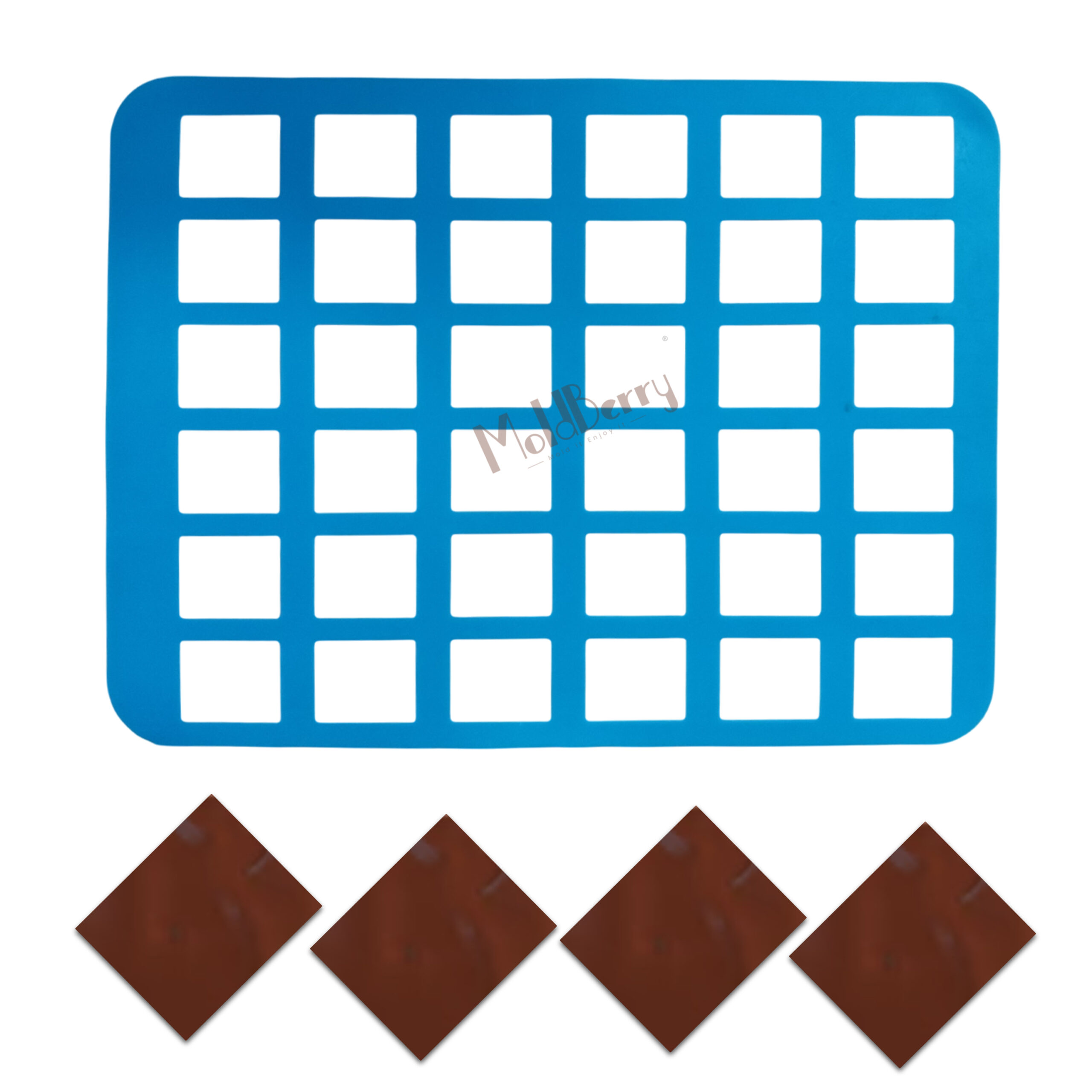 MoldBerry Square Silicone Chocolate Stencil Mold | Chablon Sheet for Garnishing, Dessert Plating & Chocolate Bar Making | 36 Cavity Reusable Food-Grade Mat (4.5×3.7 cm Cavities)
