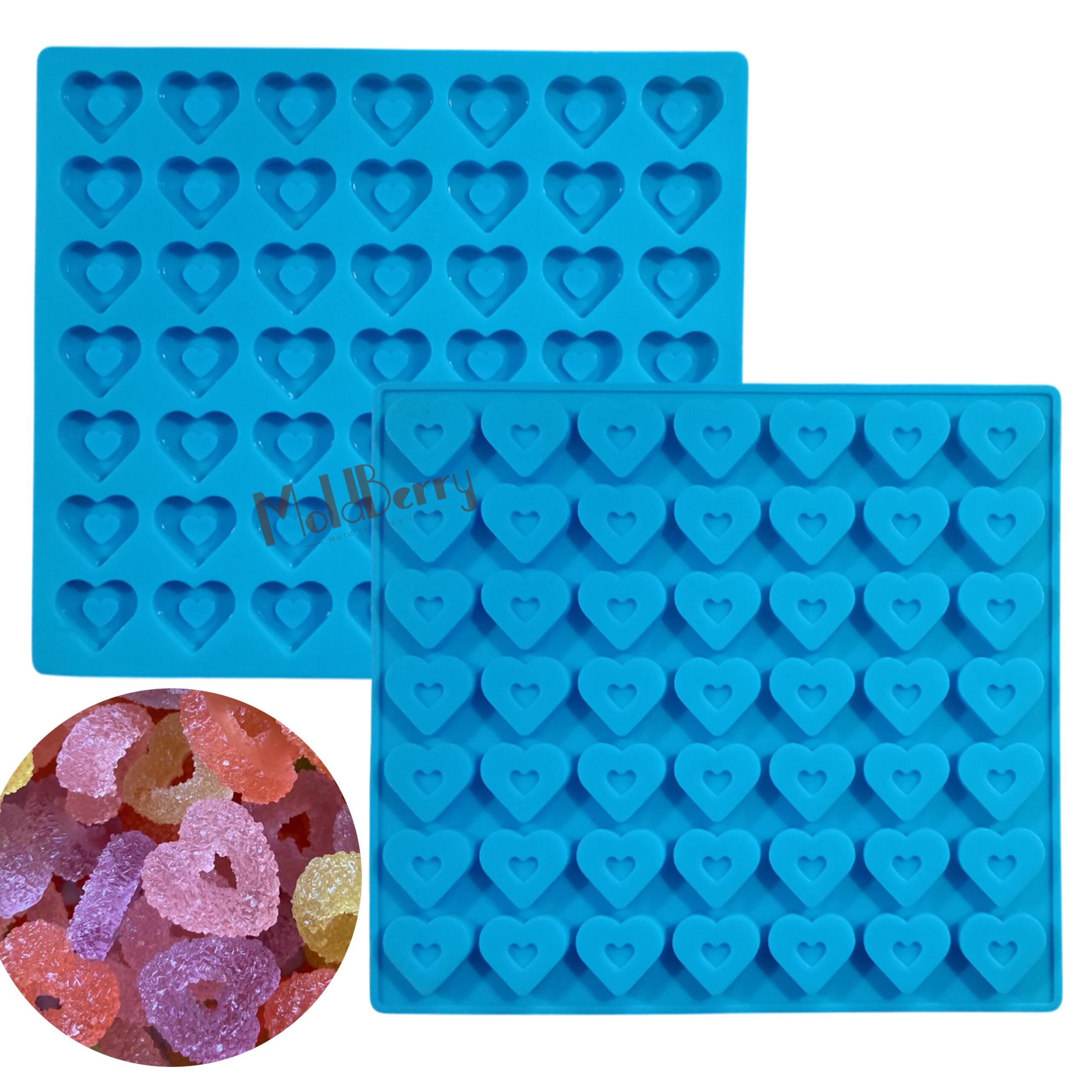 MoldBerry Silicone Chocolate Mould ,49 Cavity Heart Shape Jelly/Gummy Mold For Cake Decoration, Ice Cube, Pudding, Cookie, Candy -Pack 1