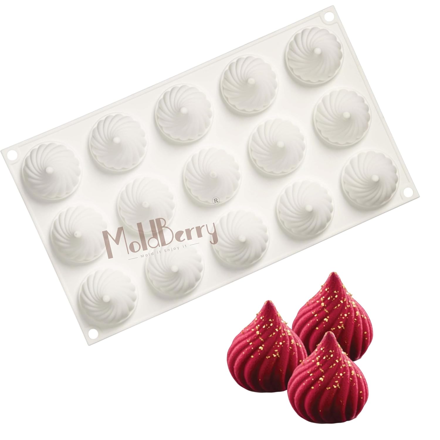 Moldberry Spiral Modak Mold |15 Cavity Silicone Modak Maker for Steamed & Sweet Modaks, Ladoo, Chocolates, Indian Festival Sweets | Non-Stick, Reusable, Food-Grade Mould