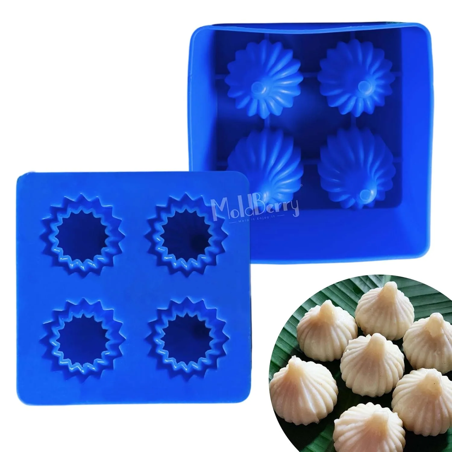 Moldberry Silicone Modak Mould – 4 Cavities Big Modak Shape Chocolate & Filling Mold | Ganesh Chaturthi Festival Theme, Cupcake & Cake Decoration, Reusable (Multicolor, Pack of 1)