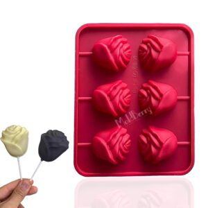 Moldberry 6 Cavity Rose Flower Lollipop Molds (1 Pack) – 3D Rose Silicone Chocolate & Candy Moulds | Flower Cake Pop & Sucker Mold