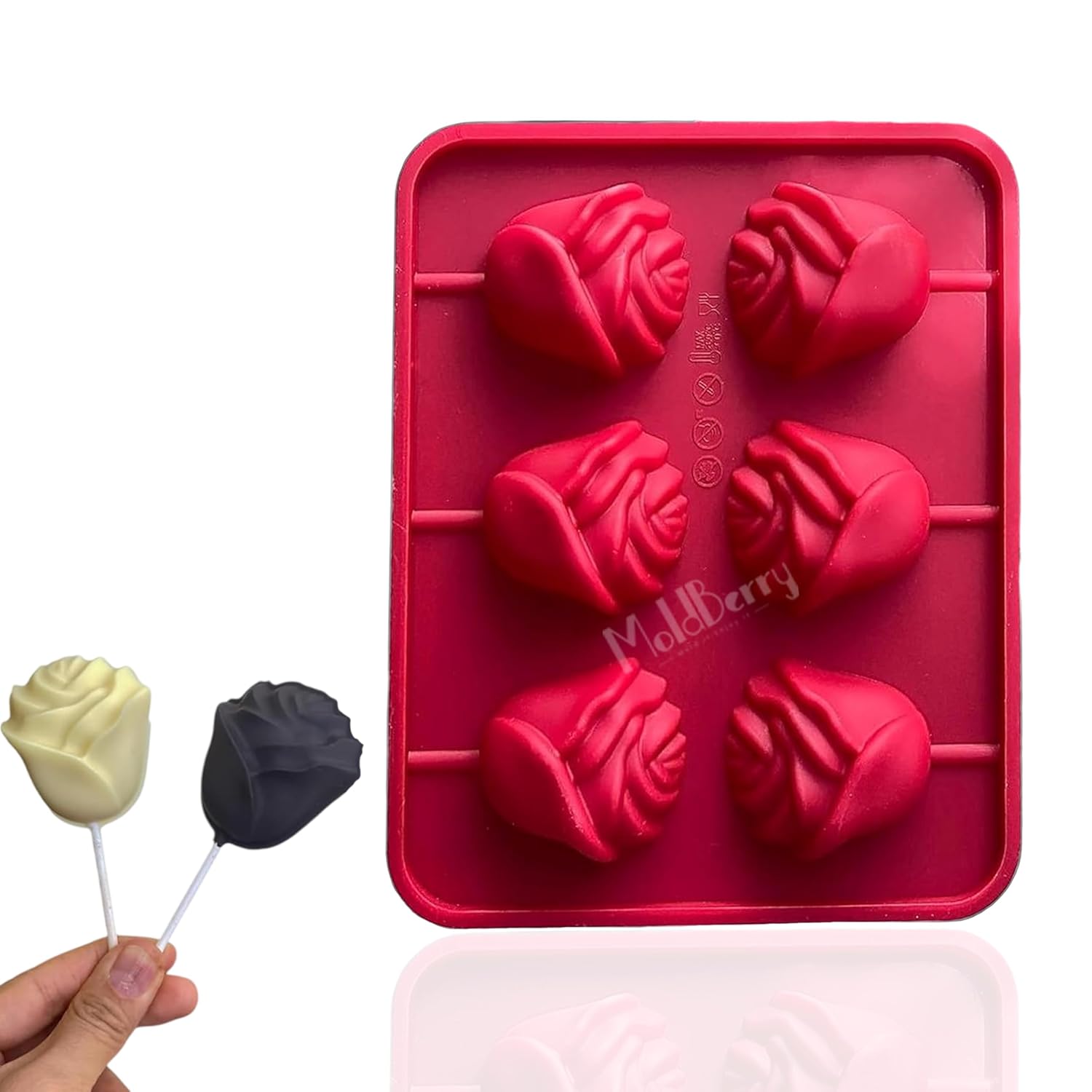 Moldberry 6 Cavity Rose Flower Lollipop Molds (1 Pack) – 3D Rose Silicone Chocolate & Candy Moulds | Flower Cake Pop & Sucker Mold