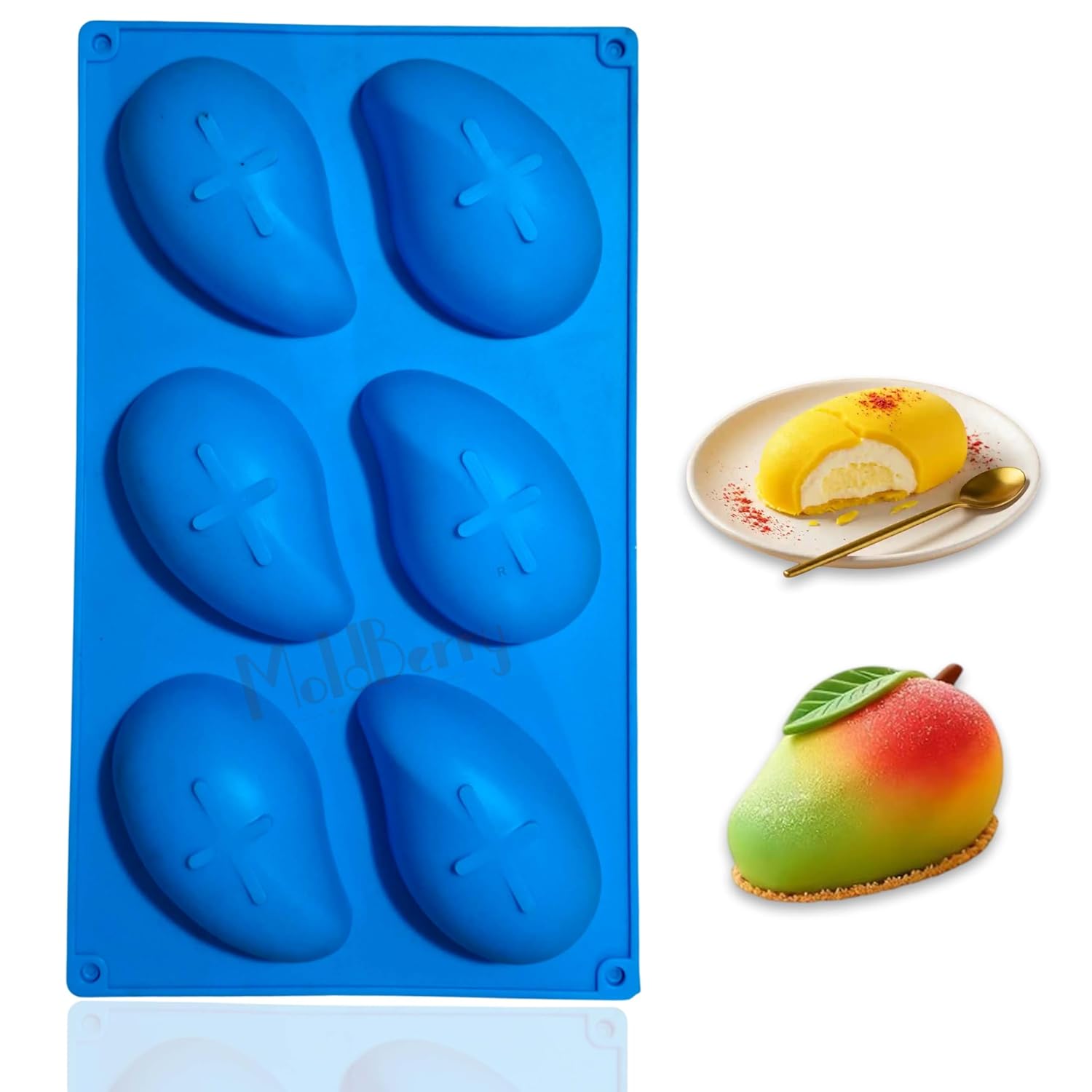 MoldBerry Mango Silicone Mold 6 Cavity | 3D Mango Shape Mousse Cake Mould | Food Grade Silicone Chocolate, Ice Cream, Jelly & Dessert Baking Mold